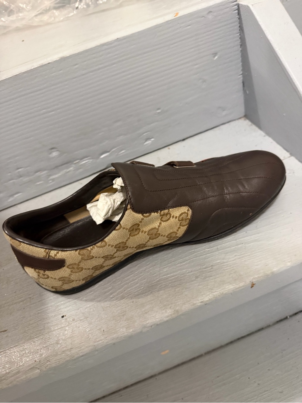 Gucci Brown Leather and Beige GG Canvas Slip-On Loafer